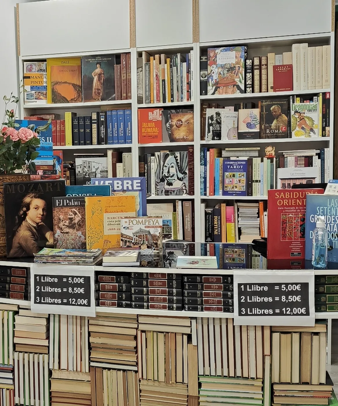 L'interior de la llibreria, amb les estanteries plenes i els cartells de preus: 1 llibre 5 euros, 2 llibres 8,50, 3 llibres 12
